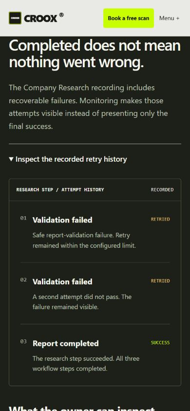 Recorded public monitoring view showing two validation failures followed by a completed third attempt.